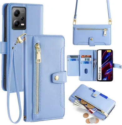 Produktbild von Handykette Xiaomi Hülle mit Band Handyhülle Kartenfächer Kunstleder Umhängetasche Redmi Note 12 5G / Poco X5 5G Hellblau