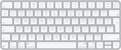 A top-down view of a silver and white Apple Magic Keyboard.