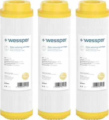 Three water softening filter cartridges are lined up against a white background.