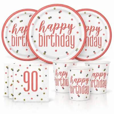Produktbild von 90. Geburtstag Partyset Einweggeschirr roségold 48 tlg. Partygeschirr Teller Becher Servietten