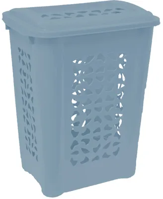 A blue laundry basket with a lid.