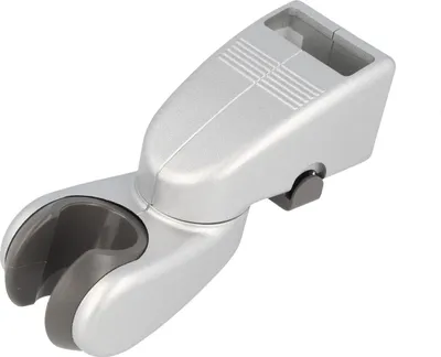 A silver shower head holder on a white background.