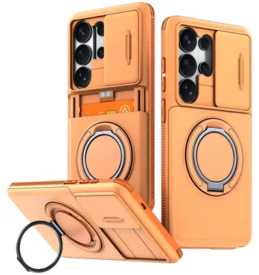 Produktbild von Handyhülle mit Kartenfach für Samsung Galaxy S26 Ultra, Schiebe Kameraschutz, Ringhalter Ständer, Stoßfeste Schutzhülle Orange