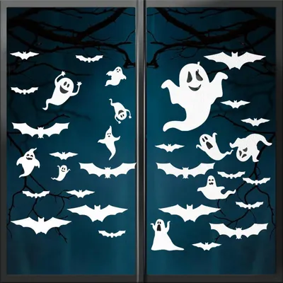 Zdjęcie produktu dla Dekoracje okienne na Halloween: nietoperze, duchy, 32 sztuki, samoprzylepne, wielokrotnego użytku