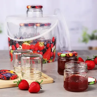 Produktbild von Hi Pflückeimer 5,6l mit 10 Sturzgläser 210ml mit 66mm TO-Deckel Obstdekor, 10 Stück(e)