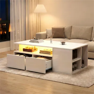 Produktbild von STILVORA Couchtisch mit LED-Beleuchtung und 2 Schublade,Sofatisch mit Gesamttragfähigkeit von 60kg,Beistelltisch mit viel Stauraum,Weiß