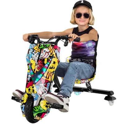 Produktbild von Kinder Elektro Drift Trike | Drift Scooter - Drift Cart - Bis zu 15km/h - LED Driftrollen 360° - Hupe - 3 Geschwindigkeitsstufen (Gelb Graffiti)