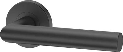 A black door handle on a white background.