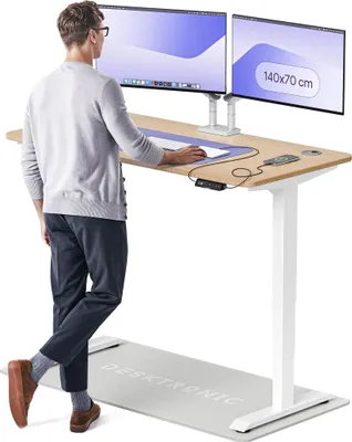 Image de Desktronic HomePro Bureau électrique réglable en hauteur 140x70cm bambou/blancavec fonction mémoire, technologie anti-collision, ports de chargement USB-A et USB-C