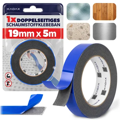 Imagen del producto de Cinta adhesiva de doble cara KADAX, 19 mm x 5 m, 1 rollo, extra fuerte. Cinta adhesiva de montaje de espuma de polietileno, cinta de doble cara para vidrio, metal, plástico y madera, Imagen generada por IA