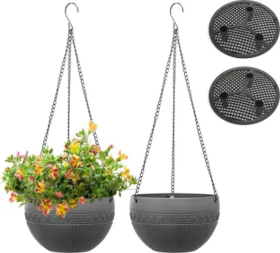 Produktbild von 2 Stück Blumenampel Außen, Selbstbewässerung Hängende Blumentöpfe mit Rostfrei Ketten, Hängeblumentöpfe Kunststoff mit Ablaufloch,  grau, 21cm