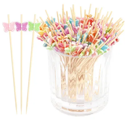 Obrázok produktu pre Špágy na koktaily z bambusu, 100 kusov, dĺžka 12 cm, s motívom vážok, vhodné na servírovanie predjedov a občerstvenia