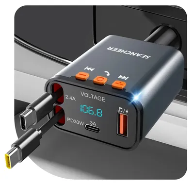 Image de Émetteur FM Bluetooth pour voiture et allume-cigare USB C, chargeur de voiture 69W avec 2 câbles rétractables, lecteur MP3 Bluetooth 5.3, kit mains libres pour téléphone, adaptateur radio