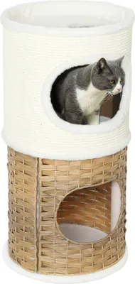 Produktbild von PawHut Kratztonne 80 cm Hoch Ø 40 cm dreistöckige Katzentonne mit Plüschrand, Katzenhöhle, Kratzbaum für mittelgroße Katzen, Cremeweiß+Braun