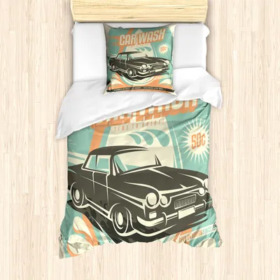 Produktbild von ABAKUHAUS Autos Mantele, Retro Car Wash-Plakat, Milbensicher Allergiker geeignet mit Kissenbezügen, 135 cm x 200 cm - 80 x 80 cm, Blasses Orange Türkis