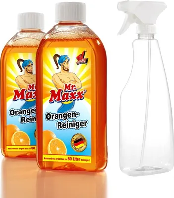 Two bottles of orange cleaner and a spray bottle.