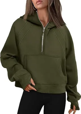 Produktbild von ASKSA Damen Kapuzenpullover Kurze Halbem Reissverschluss Sweatshirt Fleece Hoodie, Armeegruen, M