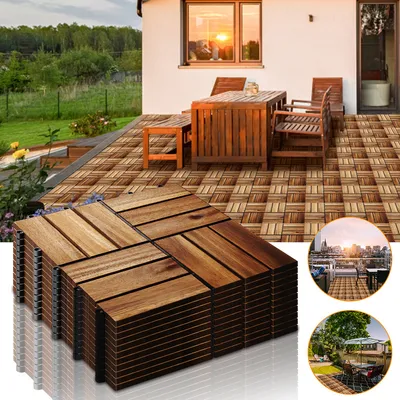 Zdjęcie produktu dla Fiqops 2m² płytki drewniane mozaika akacjowa 44 sztuki 30x30 cm płytki balkonowe płytki ogrodowe płytki tarasowe do ogrodu taras balkonowy
