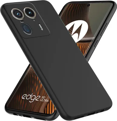 A black silicone phone case is shown diagonally over a smartphone displaying the Motorola logo and "edge 50 ULTRA" text.