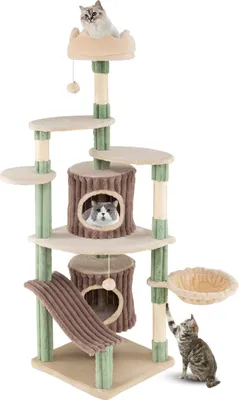 Produktbild von GOPLUS groß Kratzbaum, 163 cm Katzenbaum mit 4 Plattformen, 2 Höhlen, Hängematte, Kratzsäulen, Rampe, Plüschbälle, Kletterbaum für Katzen, Grün