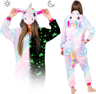 Produktbild von Halloween Kostüm Damen & Herren - One Piece Schlafanzug Einhorn - Jumpsuit - Karneval & Pyjama Kostüme für Erwachsene, Gröse L