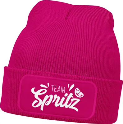 Produktbild von Damen Beanie mit Team Spritz Patch Strickmütze mit Spruch Aufdruck Lustig Party Damenmütze Moonworks®