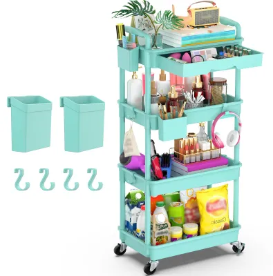 Image de Chariot de service à quatre étages avec roulettes, chariot de rangement avec tiroir, pour la cuisine, la salle de bain, le bureau, le salon, bleu