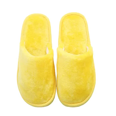 Produktbild von 1 Paar Candy Color Anti-Rutsch weiche Sohle Runde Zehe Plüsch Hausschuhe Frauen Winter Slip-on flauschige flache Hausschuhe-Gelb