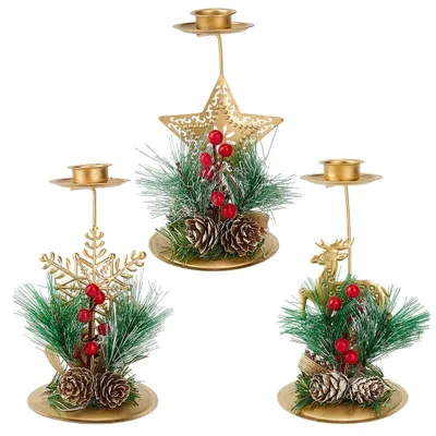 Produktbild von Kerzenhalter Set - 3-teilig mit Hirsch Stern und Schneeflocke Motiv - Tischdekoration - Goldfarben aus Eisen und Kunststoff