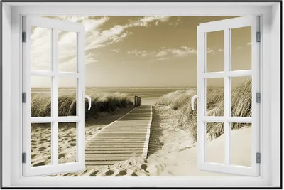 Produktbild von Wallario Wandbild mit Fenster-Illusion: Auf dem Holzweg zum Strand in Sepiafarben, Größe: 61 x 91,5 cm, Poster mit schwarzem Aluminiumrahmen