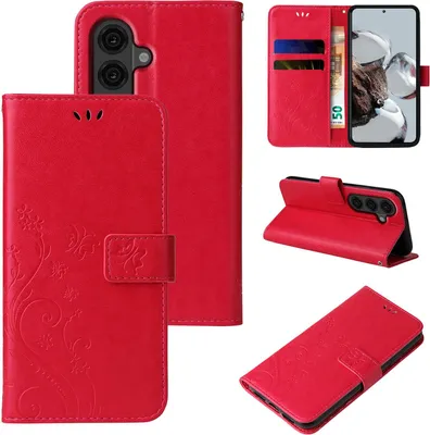 Produktbild von Handyhülle für Samsung Galaxy S26 Floral Blumen Schmetterling Flip Cover Hülle Case Klapphülle Handytasche Farbe: Rot