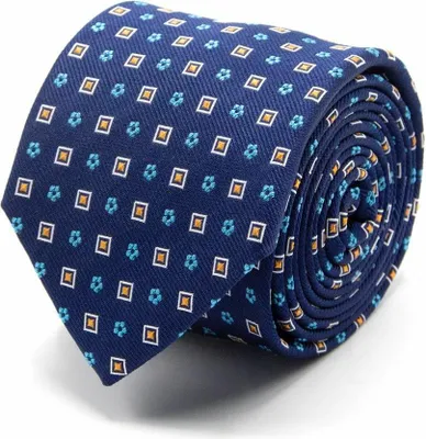 Produktbild von Herren Seidenkrawatte marineblau mit Quadrat- und Blütenmuster