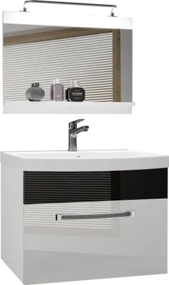 Produktbild von BELINI Badmöbel Vollausstattung Set Waschbeckenschrank, Waschbecken, Spiegel, Lampe (Weiß/ Schwarz, Glänzend)