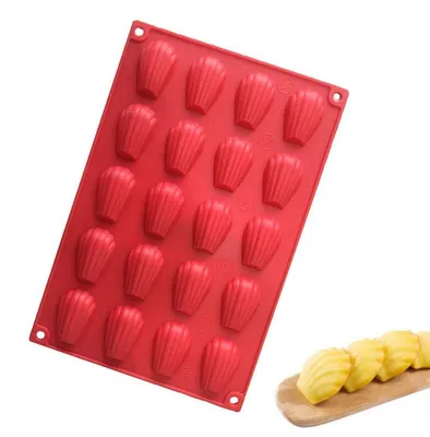 Image de Moule en silicone pour madeleines, 20 cavités en forme de coquillage, rouge, antiadhésif, dimensions : 30 x 20 x 1,2 cm