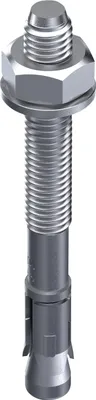 A close-up studio shot of a metal anchor bolt with a nut and washer.