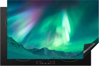 Produktbild von KitchenYeah© Herdabdeckplatte Nordlichter - Berg - Schnee , 80x52cm, Küche Deko, Glaskeramikkochfeld Herdabdeckung, Abdeckplatte fùr Kochfeld