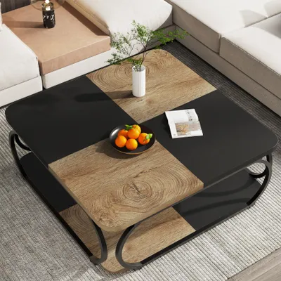 Produktbild von Tribesigns quadratischer Couchtisch,100 cm großer Holztisch, 2-stufiger niedriger Couchtisch Landhausstil mit Metallgestell, Schwarz/Hellbraun