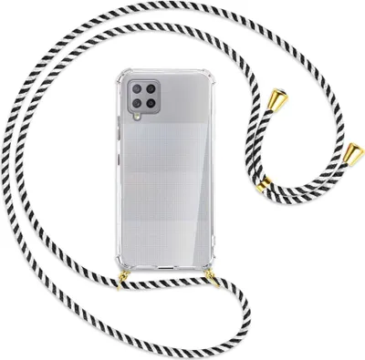 Produktbild von Handykette Backcover-Schutzhülle mit Band (Metall goldfarben) für Samsung Galaxy A42 5G - schwarz/weiß gestreift