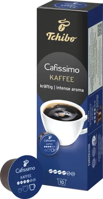 A box of Tchibo Cafissimo coffee capsules with one capsule in the foreground.