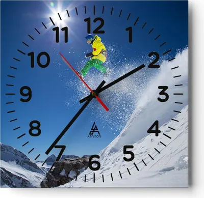 Produktbild von Wanduhr - Quadrat - Glasuhr - Ski Winter Schnee Berg - 30x30cm - Schleichendes Uhrwerk - Lautlos - zum Aufhängen bereit - Dekoration Modern - Wanddekoration aus Glas - C4AC30x30-2856