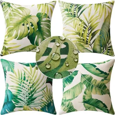 Image de Housses de coussin imperméables « Feuilles vertes » 40 x 40 cm, pour l'extérieur