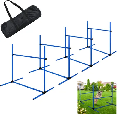Image de XINZI Bleu 4X Haies pour chiens Équipement d'agilité Barres de slalom Réglables en hauteur Slalom Training Set d'entraînement Barres d'entraînement Barres de saut 104x70x101cm