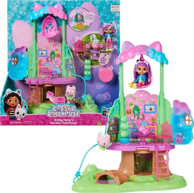 A toy playset of a garden treehouse with figures, shown in its packaging and also assembled.