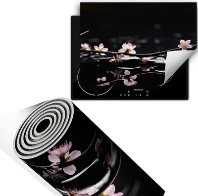 Produktbild von Herdabdeckplatte 70x52 cm Glaskeramikkochfeld Abdeckung Anti Rutsch Matte Aufrollbar, Schwarz Blumen