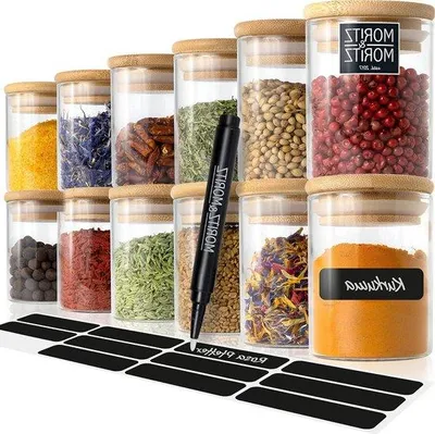 Produktbild von 12 Gläser 125 ml Glas Kräutertöpfe | inkl. Tischschild und Bleistift | luftdicht mit Bambusdeckel | für Gewürze, Kräuter & Tee Bambuskräutertöpfe