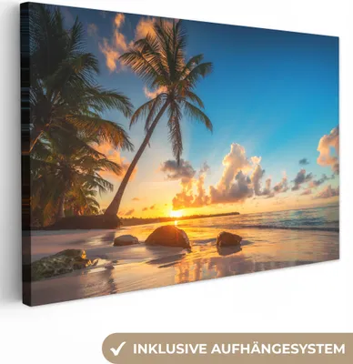 Produktbild von MuchoWow® - Leinwandbilder - Strand - Meer - Palme - Sonnenuntergang, Wandbild, Wanddeko Bilder Wohnzimmer, 30x20 cm