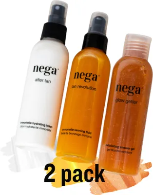 Obrázek produktu pro Letní sada na opalování 6×150 ml, samoopalovací fluid, AfterTan mléko a tělový peeling, veganská péče - 2xNegaFullBundle