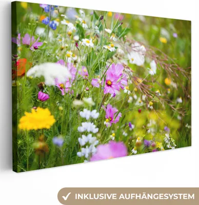 Produktbild von MuchoWow® - Leinwandbilder - Blumen - Natur - Grün - Gras - Lila - Weiß, Wandbild, Wanddeko Bilder Wohnzimmer, 120x80 cm