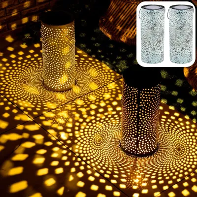 Produktbild von Marrakesch 2er Set Solarlaterne für außen mit Henkel aus Metall 30cm Groß | Orientalische Outdoor Solar LED Laterne Swann Grün IP65 Wasserdicht als Gartendeko Deko