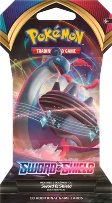 A product package for a Pokemon trading card game booster pack.